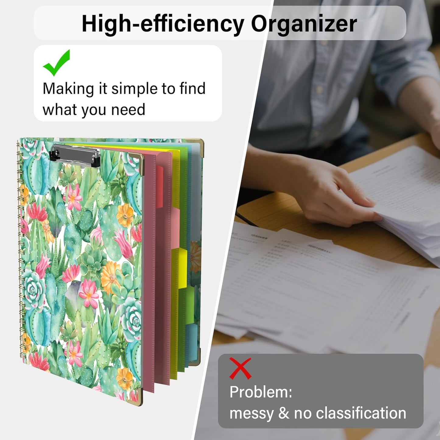 Foldable Clipboard Folio with Storage, 5 Plastic Folders with 10 Pockets,Refillable Lined Notepad (11" x 8.5"), Hardcover Project Organizer Nursing Teacher School Essentials(Cactus Flowers)