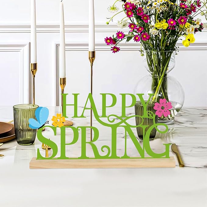 COCHIE Metal Happy Spring Sign, Spring Decorations for Home, Office, Shelf, Mantel, Indoor, Spring Flower Decor, Spring Butterfly Table Top Party Decoration (Spring)