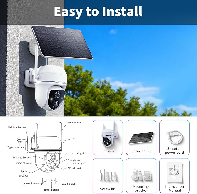 Solar Wireless Security Camera 3MP 360° View Solar Battery Powered WiFi Camera AI Motion Detection/2-Way Talk/Spotlight/Siren/IP65/Cloud/Up to 512G SD Storage( About 180 Days Storage SD Card Included)