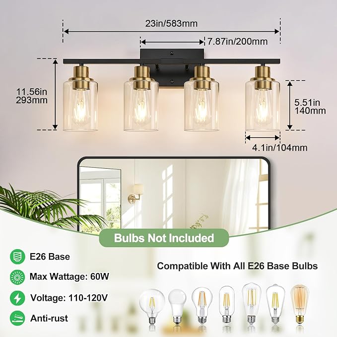 4-Light Bathroom Light Fixtures, Black and Gold Modern Vanity Lights with Clear Glass Shades, Bathroom Wall Lamp for Mirror Living Room Cabinet Bedroom Porch
