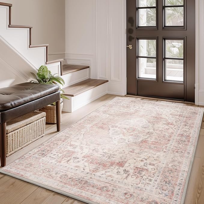 AMOAMI-3X5 Area Rug-Soft Washable Vintage Throw Accent Rugs for Living Room, Entryway, Bedroom, Kitchen, Bathroom, Laundry Room, Kitchen, Bathroom, Bedside, No Slip Pink