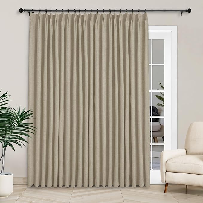 Macochico 120”Wx102”L 100% Blackout Linen Curtains Pinch Pleated Thermal Panels for Sliding Door Bedroom Living Room Farmhouse Shabby Chic Light Khaki Burlap Curtains with Tieback 1 Panel
