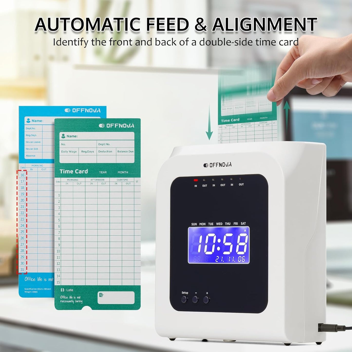 OFFNOVA Thermal Time Clock for Employees Small Business, No Ink Ribbons or Network Needed, in/Out Time Attendance Machine with 50 Time Cards