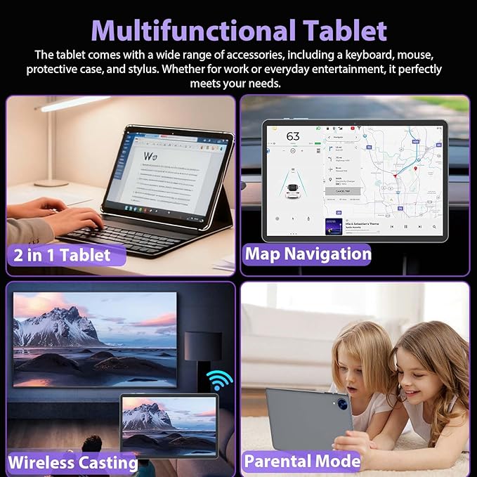 Android 15 Tablet with Keyboard - 26GB+256GB+2TB Expand, Octa-Core, 2.4G/5G Wifi, 8000mAh Battery, Widevine L1, Dual Camera, Face Unlock, 10 Inch 2 in 1 Tablets with Mouse, Stylus (Black Case)