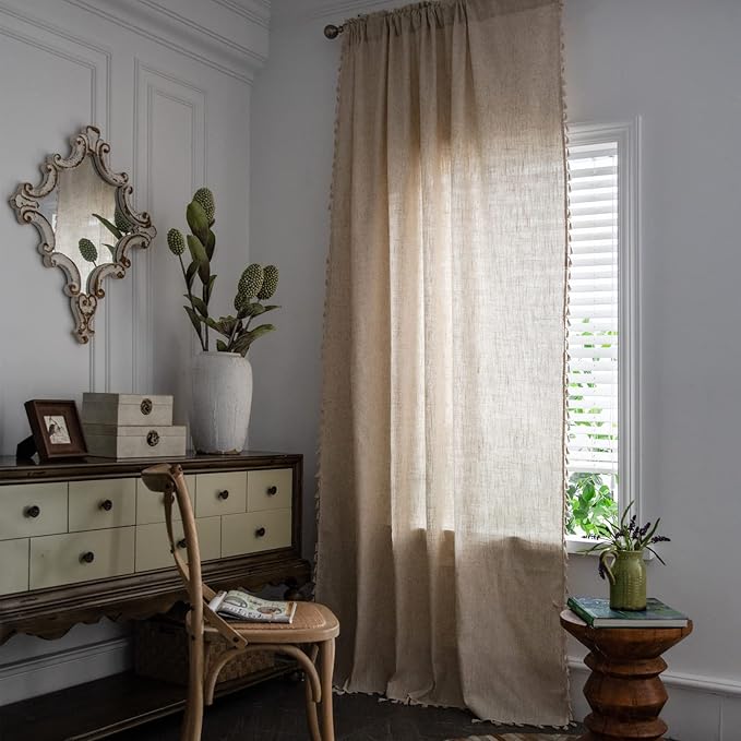 Sutuo Home Boho Curtains Natural Linen Look Textured Burlap for Bedroom, Rod Pocket Chic Semi Blackout Bohemian Handmade Tassels Window Treatment for Living Room, 1 Panel 59" W x 84" L