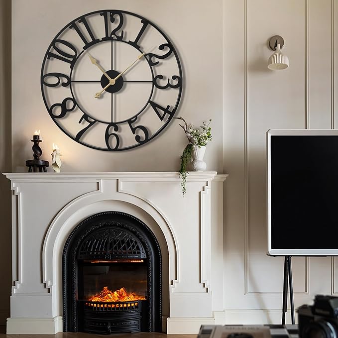 LEIKE Large Wall Clock, 24" Silent Non-Ticking, Battery Operated, Oversized, Decorative Retro Black Metal Clock for Living Room,Farmhouse, Dinner Room,Indoor, Outdoor Decor(60cm, Black Arabic Number)