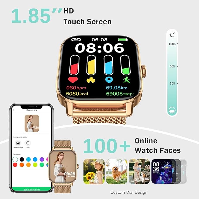 Smart Watch for Women Men Fitness: Waterproof Make Answer Call Digital Mens Watches Running Pedometer Smartwatch for Android Phone iPhone Samsung Compatible Heart Rate Monitor SpO2 Step Tracker Gold