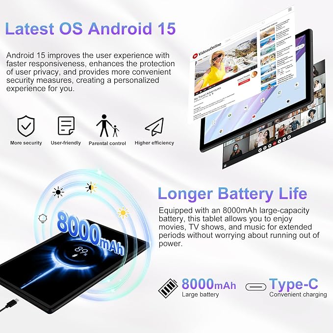 2025 Tablet 10 inch Android 15 Tablets 30GB RAM 128GB ROM 1TB Expand, 8000mAh Octa-Core Tablet with Drop-proof Case, Gemini AI, HD IPS Display, GPS, 5G WIFI, Split-screen, Widevine L1 -Metal Blue
