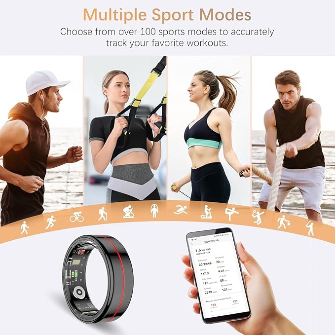 Fit Ring, Smart Health Rings for Women Men with Heart Rate,Blood Oxygen,HRV,Stress Level, Sleep Monitor, Step Tracker, No Subscription Fee, IP68 Waterproof Smart Ring for iphone &Android (Black, 8#)