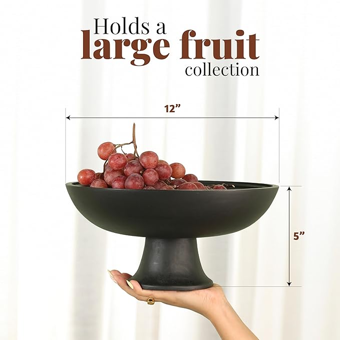 Folkulture Wooden Fruit Bowl for Kitchen Counter | 12" Large Premium Eco Friendly Banana Fruit Basket for Kitchen | Black Wood Bowl with Holder, Pedestal for Table Decor, Centerpiece for Dining Table