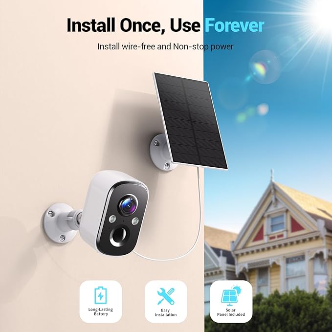 Techage Solar Security Cameras Wireless Outdoor, 2K Battery Powered WiFi Cameras for Home Security with AI Motion Detection, Color Night Vision, 2-Way Talk, IP66 Waterproof, Cloud/SD Storage 2 Pack