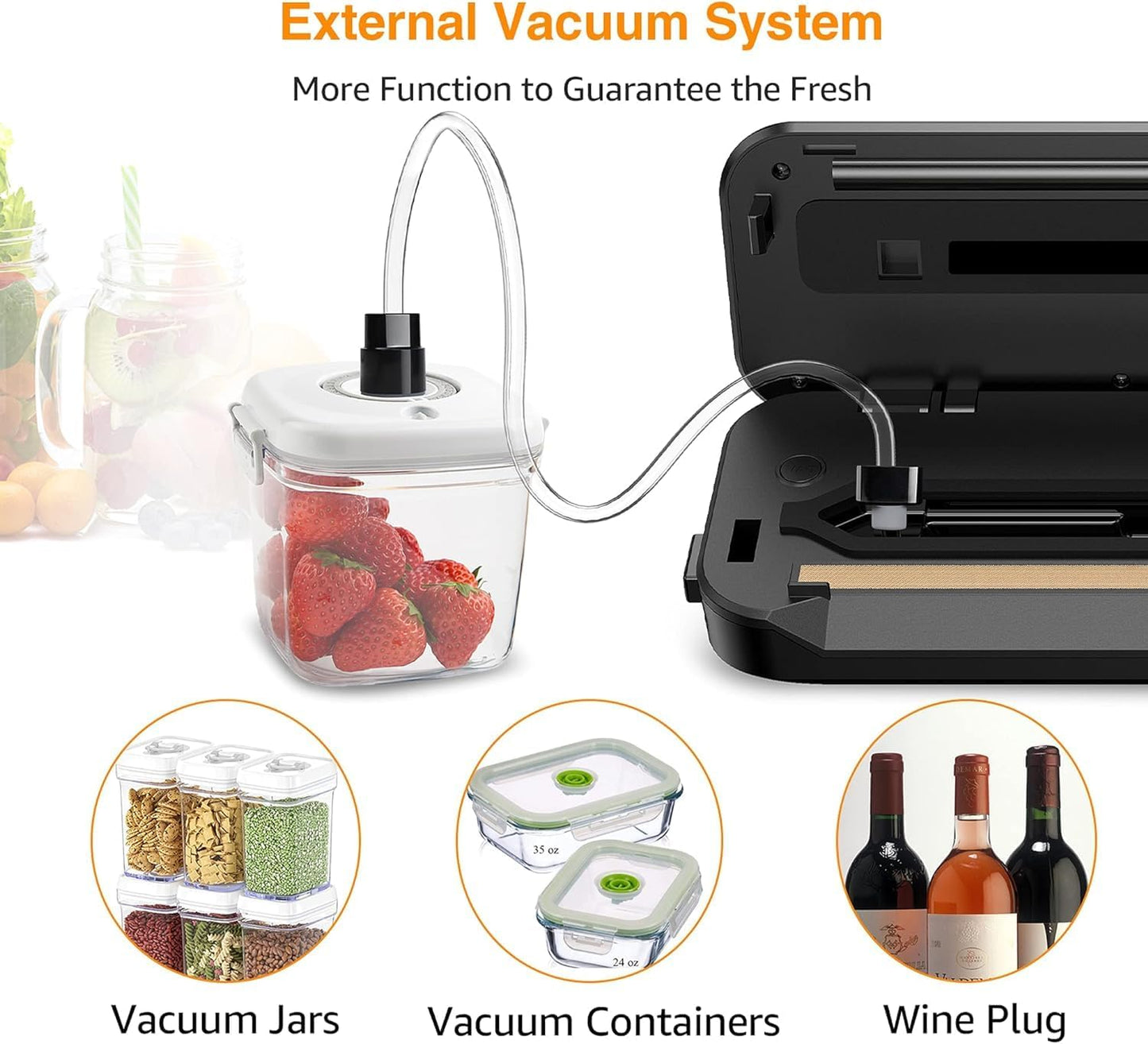 MEGAWISE Vacuum Sealer Machine, Portable Strong Suction Power Food Sealer, Bags and Cutter included with External Vacuum Function, Freshness Saver（Silver)