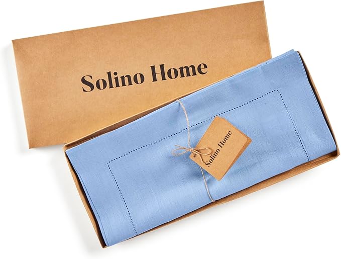 Solino Home Linen Cornflower Blue Table Runner 72 Inches Long - 100% Pure Linen Hemstitch Table Runner 14 x 72 Inch for Dresser, Dining - Classic Hemstitch
