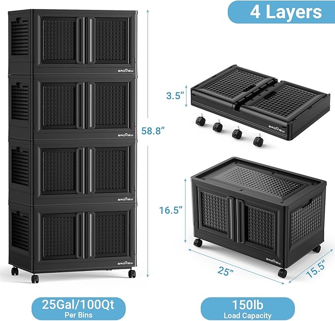 400Qt Stackable Storage Bins with Lids, 100Gal Closet Organizers and Storage Drawer, Plastic Collapsible Storage Bins with Doors, Heavy Duty Store Box Cabinet for Home Kitchen, 4Pack Black