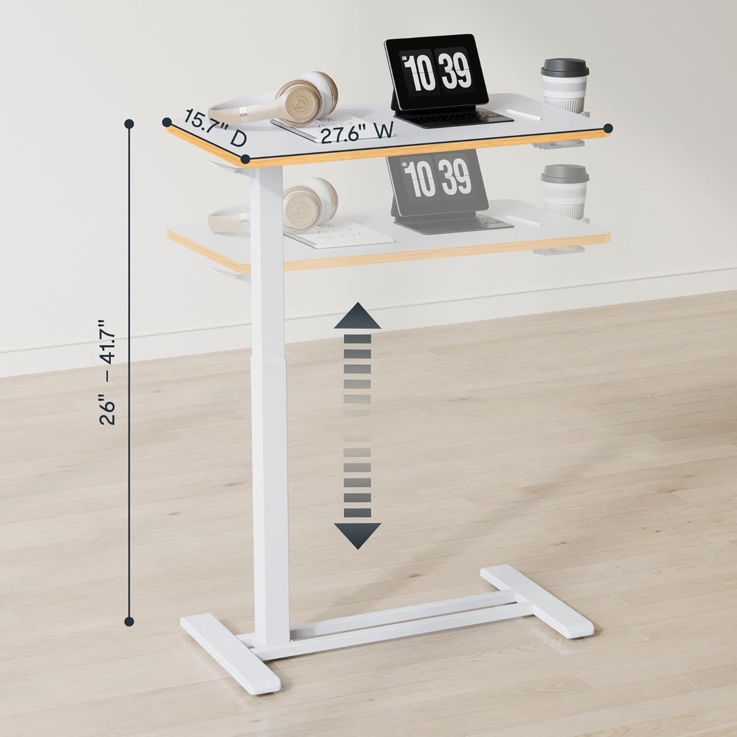 FLEXISPOT Mobile Standing Desk with Wheels Pneumatic Laptop Desk Rolling Computer Cart Movable Height Adjustable Small Sit Stand Desk Computer Workstations Home Use（27.6" W x 15.7" D,White+Maple