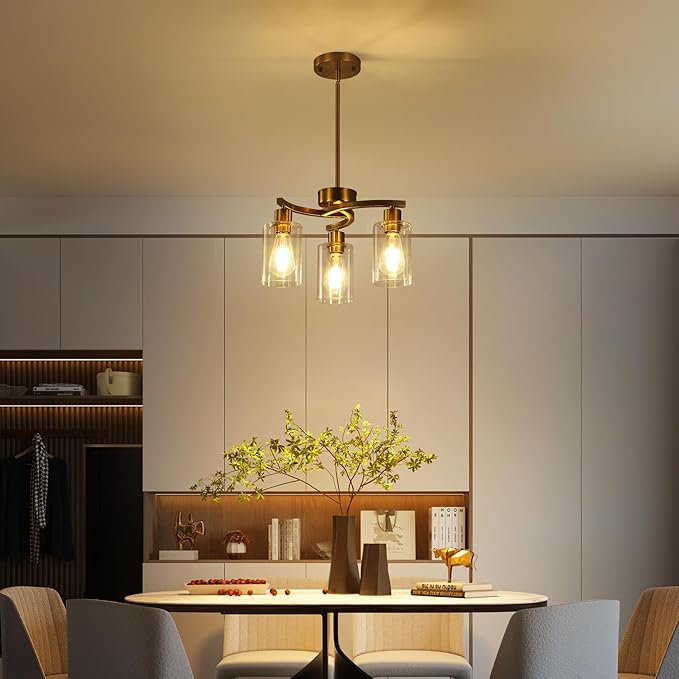 3-Light Gold Dining Room Chandeliers Over Table, Contemporary Kitchen Island Pendant Lighting, Industrial Hanging Light Fixture for Entryway Hallway Foyer Bedroom, Clear Glass Shade
