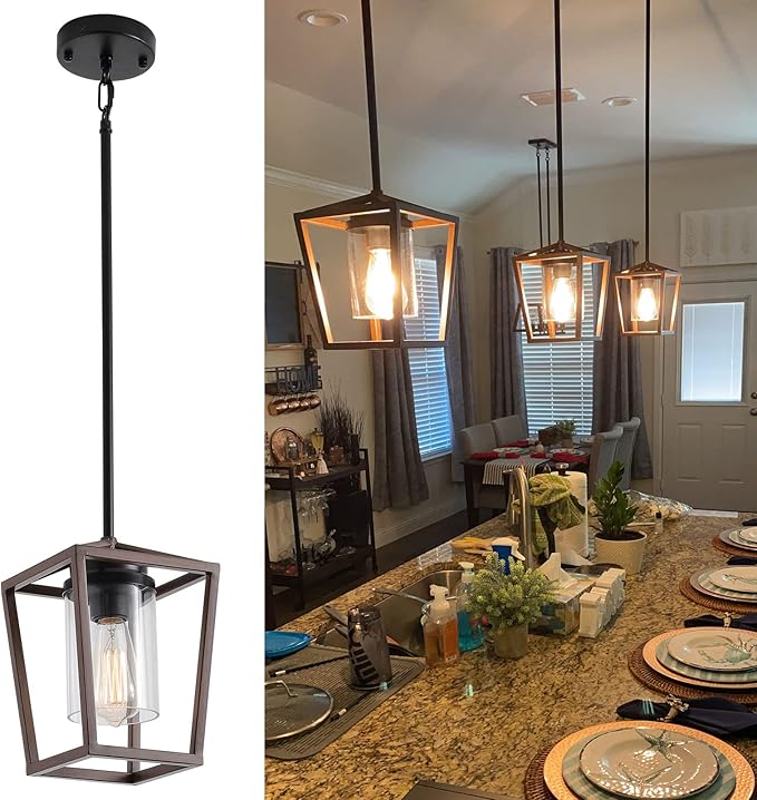 SGLfarmty Farmhouse Bar Pendant Lighting for Kitchen, Single Pendant Island Light with Wooden Finish，Modern Industrial Metal Pendant Light Fixtures，Rustic Ceiling Lantern Hanging Light,1 Pack