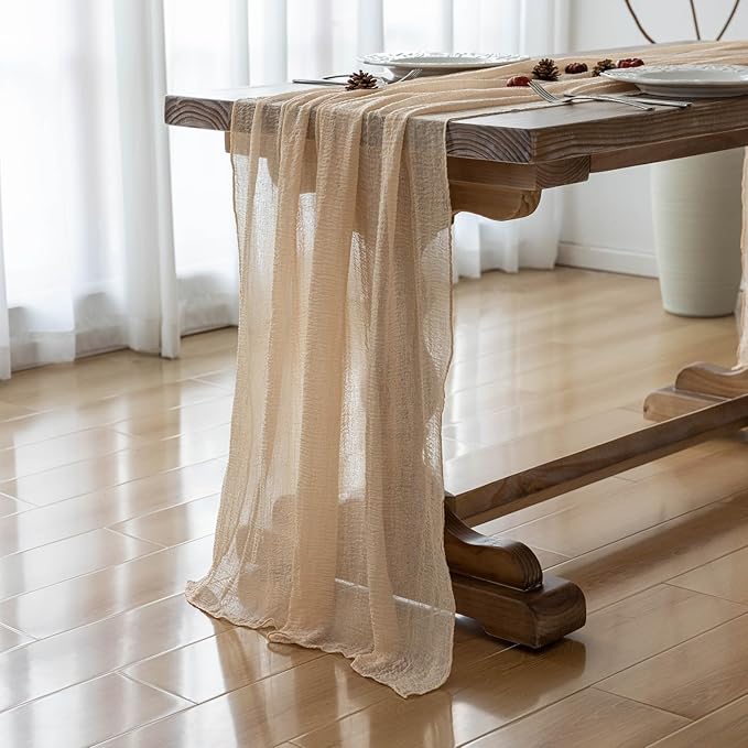 Deep Beige Cheesecloth Table Runner Rustic Boho Gauze 120 Inch 10 FT Cheese Cloth for Wedding Baby Shower Bridal Shower Birthday Engagement Party Long Sheer Home Decorations