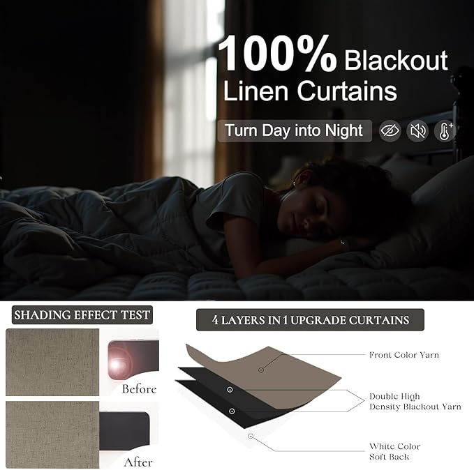 Back Tab Blackout Long Curtains for Living Room Darkening Light Blocking Brown Linen Drape 108 Inch Length 2 Panels Earth Tone Thermal Insulated Noise Reducing Heat Large Window Curtain 9ft Extra Long