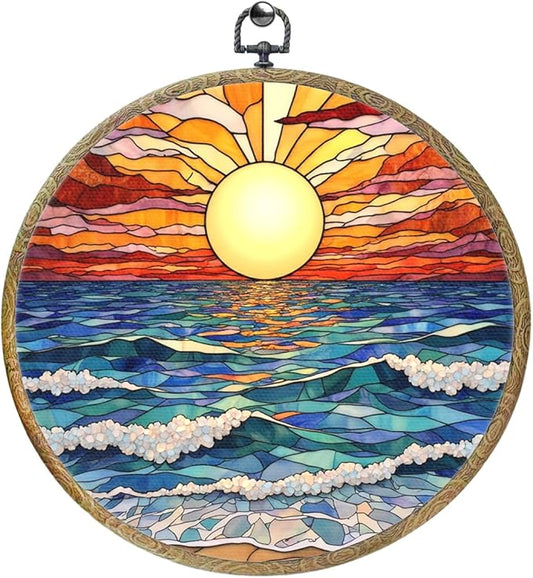 Colorful Boho Waves on The Beach Sunset Gifts for Sunset Lovers Framed Round Wall Decor Canvas Wall Art Hanging Prints Artwork for Home Nursery Bathroom Bedroom Living Room Decorations 10.2X10.2 Inch