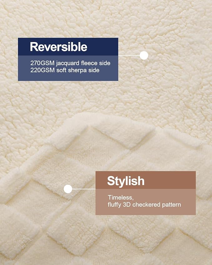 Pawque Super Soft Cozy Throw Blanket Queen Size for Couch Bed, Fluffy Sherpa Fleece Reversible Thick Warm Fuzzy Blanket for All-Season, 3D Checkered Jacquard Decorative Blankets, Cream White, 90"x90"