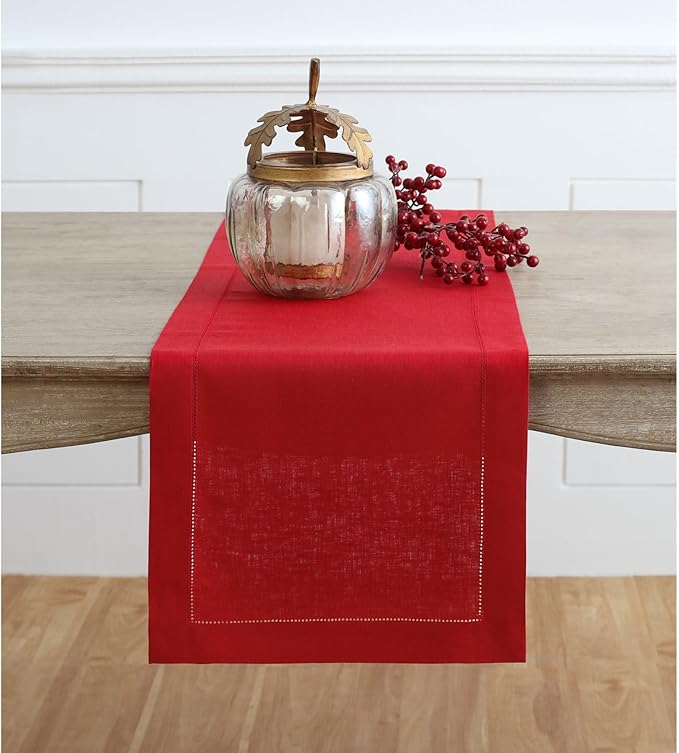 Solino Home Linen Table Runner 90 Inches Long - 100% Pure Linen Red Table Runner 14 x 90 Inch - Classic Hemstitch