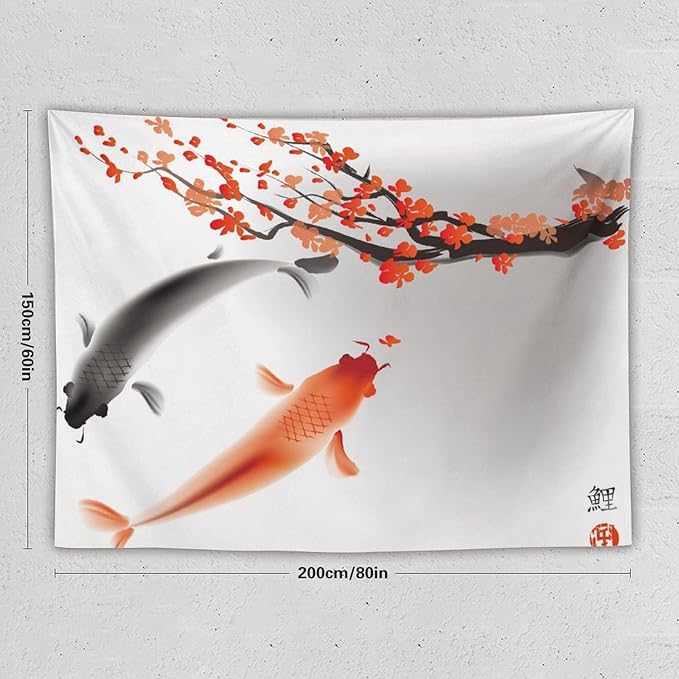 Houselerax Japanese Koi Fish Tapestry, Cherry Blossoms Asian Oriental Flower Branch Koi Fish Carp Tapestries Wall Hanging for Bedroom Living Room Office Decor 80"x60"