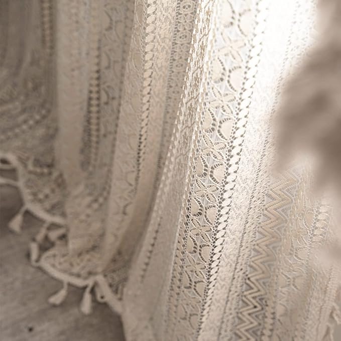 Sutuo Home Boho Lace Curtains for Kitchen Bedroom,Bohemian Crochet Sheer Cotton Tassels Knitted Window Treatment Geometry Country Vintage Rustic Drape Rod Pocket 1 Panel 59" W x 72" L, Beige Wave