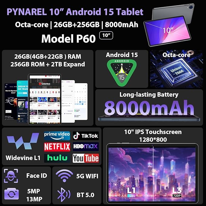 Android 15 Tablet with Keyboard - 26GB+256GB+2TB Expand, Octa-Core, 2.4G/5G Wifi, 8000mAh Battery, Widevine L1, Dual Camera, Face Unlock, 10 Inch 2 in 1 Tablets with Mouse, Stylus (Silver Case)