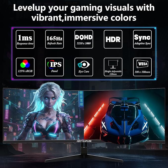 49 Inch Curved Ultra Wide Gaming Monitor, 5K (5210x1440P), 144Hz/165Hz 1500R, 32:9 127% sRGB, FreeSync, Height Adjustable Screen Monitor, HDMI 2.1 And DP 1.4, Supports Wall Mounted Installation