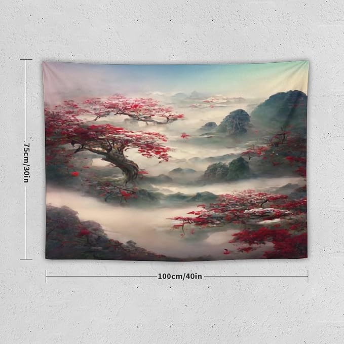 Houselerax Japanese Tapestry, Red Plum Cherry Blossom Mountain Tapestries, Asian Japanese Wall Decor, Nature Landscape Tapestries for Bedroom Living Room Decor 40"x30"
