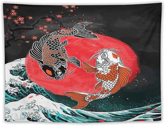 Houselerax Koi Fish Tapestries,Japanese Style Yin Yang Big Wave Cherry Blossoms Tapestry Wall Hanging for Bedroom Living Room Office Decor 60"x50"