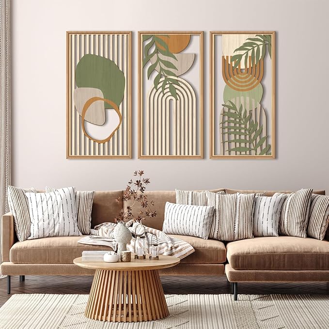 IARTTOP Large Boho Wood Wall Art Framed Mid-century Modern Wooden Wall Decor Set of 3 Green Bohemian Abstract Wall Art Decor For Bedroom Living Room Office-16 x32