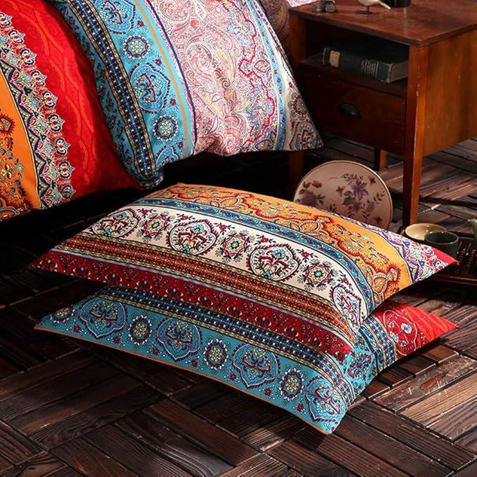ABREEZE 3Pcs Bohemia Retro Bedding Ethnic Vintage Floral Duvet Cover Boho Bedding 100% Brushed Cotton Bedding Sets Damask Paisley Coloful Mandala Down Comforter Cover,Twin