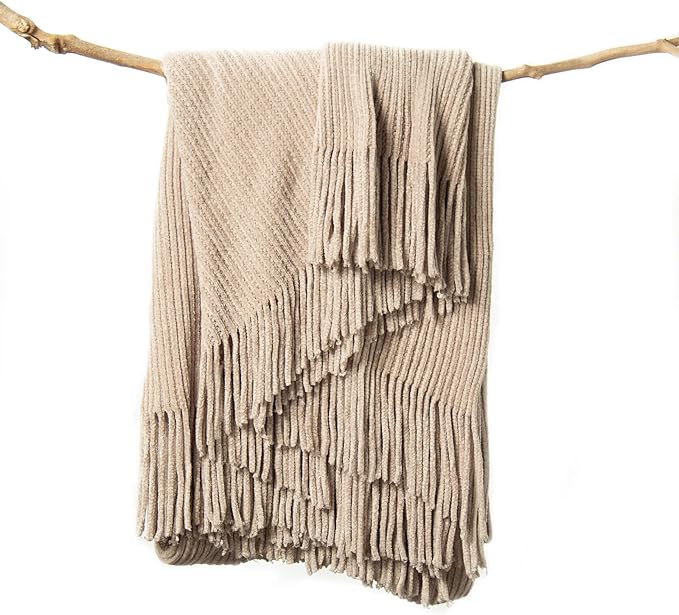 lifein Throw Blanket for Couch, Soft Boho Decor Bed Throw,Cozy Beige Knitted Chenille Small Farmhouse Lightweight Throw for Spring(Beige,50 * 60")