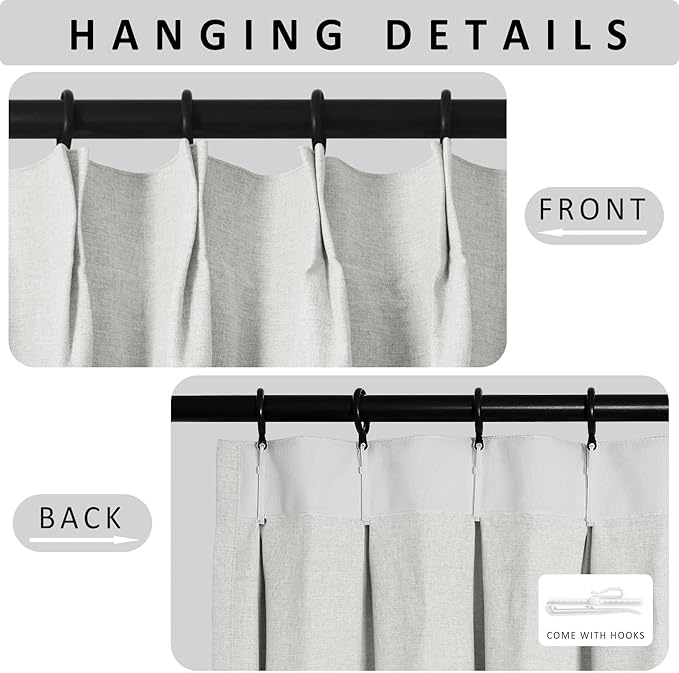 Macochico 100”Wx102”L 100% Blackout Pinch Pleated Linen Curtains for Sliding Door Bedroom Living Room Farmhouse Thermal Insulated Greyish White Burlap Drapes with Tieback 1 Panel Shabby Chic Style