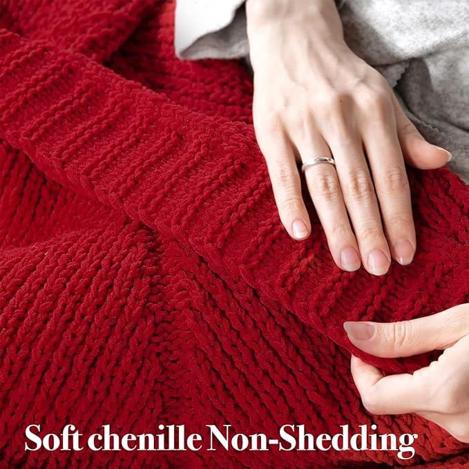 Amélie Home Chenille Knit Throw Blanket for Couch, Chevron Texture Decorative Soft Blanket for Sofa, Bed & Chair, 50"x60", Red