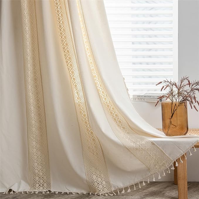 Sutuo Home Boho Curtain Crochet Dots Patchwork Semi-Blackout Bohemian Handmade Tassels, Rod Pocket Window Treatment Vintage Rustic Farmhouse Drapes for Living Bedroom, 1 Panel 59" W x 96" L, Beige