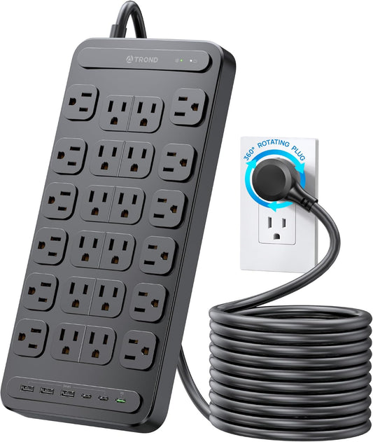 TROND Surge Protector Power Strip, 360Â° Rotating Flat Plug, 24 AC Outlets, 6 USB Ports Total 37W, 4000 Joules, ETL Listed, 10ft Heavy Duty Extension Cord 1875W for Gaming Dorm Room Essentials Black