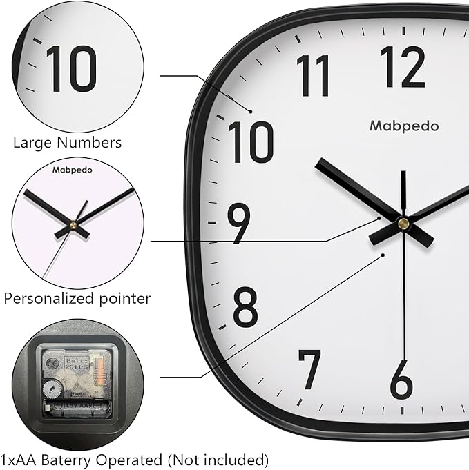 Small Wall Clock, 8 Inch Silent Non Ticking Battery Operated Clock, Square Analog Decorative Wall Clocks for Bedroom Living Room Office Home Gym Porch Decor Indoor Outdoor Clocks, Black