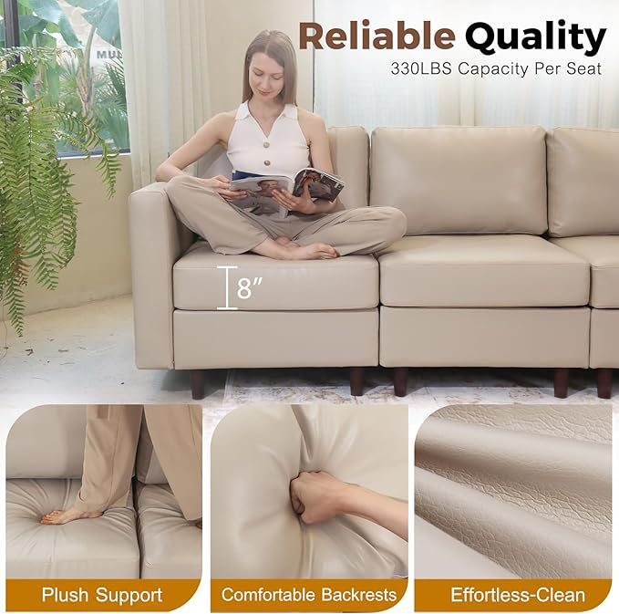 Oversized 172.5" Faux Leather Modular Sectional Sofa, Modern Large 10 Seater U Shaped Couch with Storage Seat with Reversible Chaise Deep Seat for Living Room DIY Combination - Whitesand