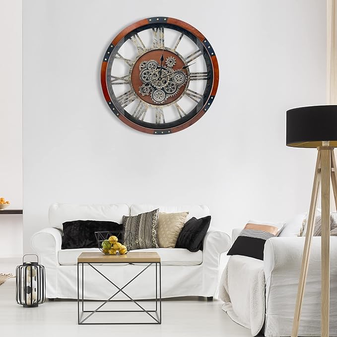 DORBOKER 24" Original Moving Gears Wall Clock, Large Industrial Wall Clock for Living Room Decor,Oversized Wood Vintage Farmhouse Steampunk Rustic Clocks for Wall Decor,Black Walnut