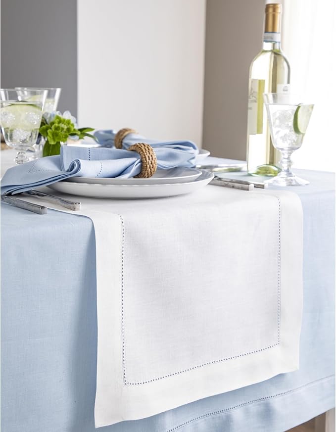 Solino Home Linen White Table Runner 156 Inches Long - 100% Pure Linen Extra Long Table Runner 14 x 156 Inch for Fall, Autumn, Halloween, Thanksgiving - Classic Hemstitch