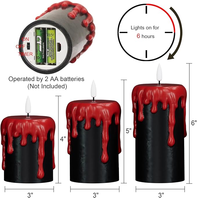 Wondise Halloween Flameless Candles with 6H Timer, Battery Operated Dripping Real Wax Black LED Pillar Candles 3D Wick Flickering Spooky Halloween Indoor Decoration (3 Pack, 3 x 4,5,6 Inches)