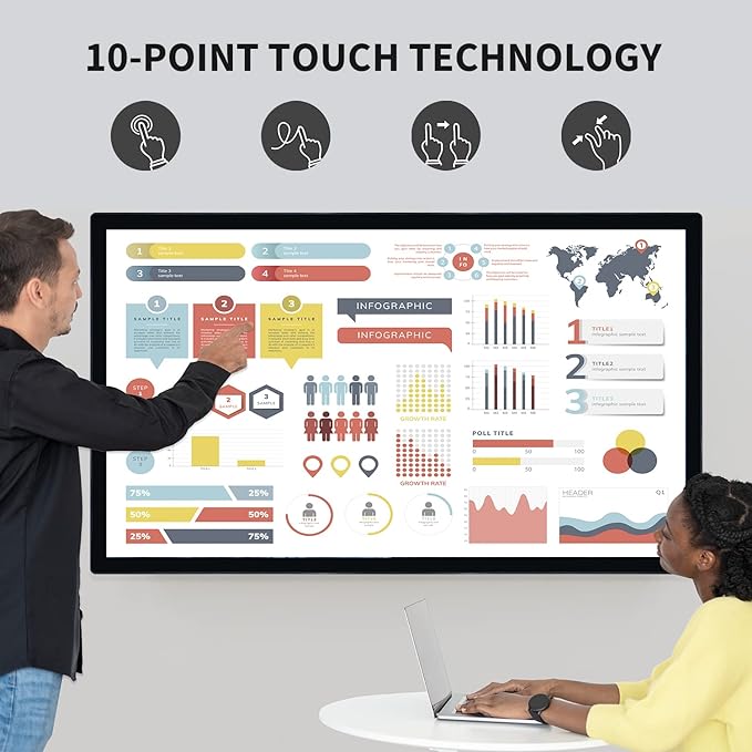 65 inch Interactive Touchscreen Monitor, Smart Board with 4K Display, Win-10 Electronic Whiteboard Touch Screen PC for Office and Classroom, Core i3 RAM 4G & ROM 128G