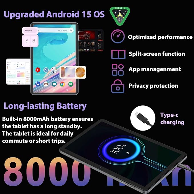 Android 15 Tablet with Keyboard - 26GB+256GB+2TB Expand, Octa-Core, 2.4G/5G Wifi, 8000mAh Battery, Widevine L1, Dual Camera, Face Unlock, 10 Inch 2 in 1 Tablets with Mouse, Stylus (Green Case)