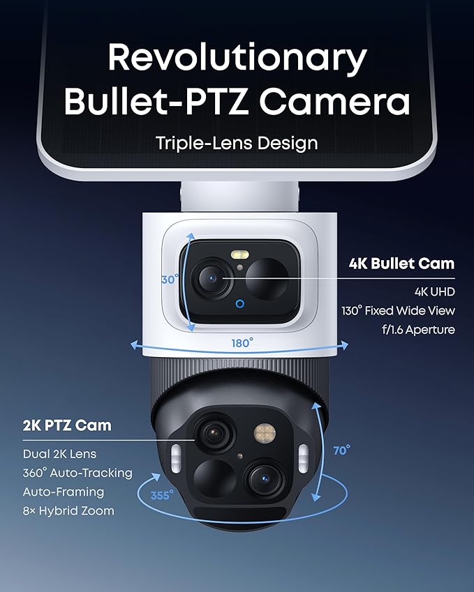 eufy Security eufyCam S4, Solar Security Camera Wireless Outdoor, Triple Lens Bullet-PTZ Cam, 4K UHD, 360° Pan and Tilt, Auto Track, 8× Hybrid Zoom, Color Night Vision, HomeBase S380 Compatible