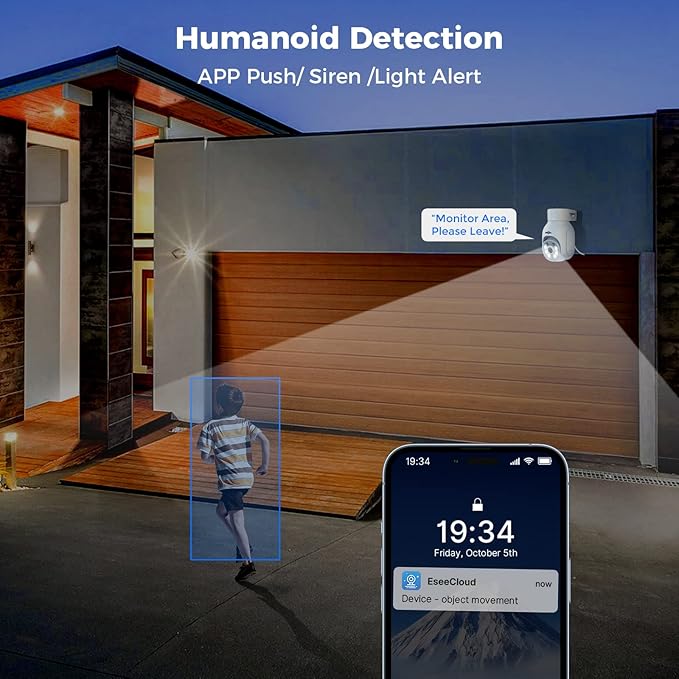 Hiseeu Wireless Camera Outdoor, 5MP WiFi Security Camera Color Night Vision, Pan/Tilt, Auto Tracking, Motion Detection, Siren/Light Alarm, 2-Way Audio, IP66 Waterproof, No Monthly Fee
