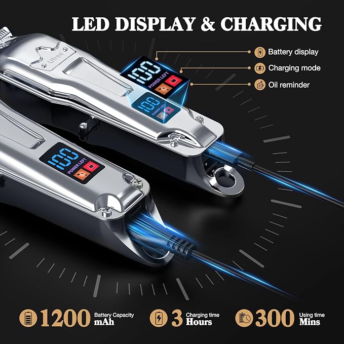 Ufree Hair Clippers for Men Professional, Barber Clippers and Trimmers Set, Cordless Hair Clippers for Hair Cutting Kit with LED Display, Electric Hair Trimmer, Gifts for Men, Silver