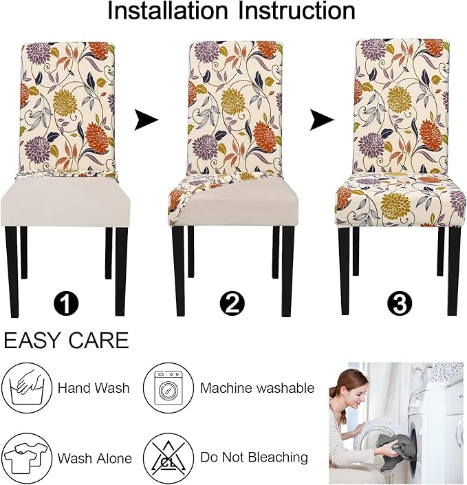 JQinHome Pattern Chair Covers for Dining Room Set of 6, High Stretch Removable Washable Parsons Chair Slipcover for Home Party Hotel Wedding Ceremony (Flower,6PCS)